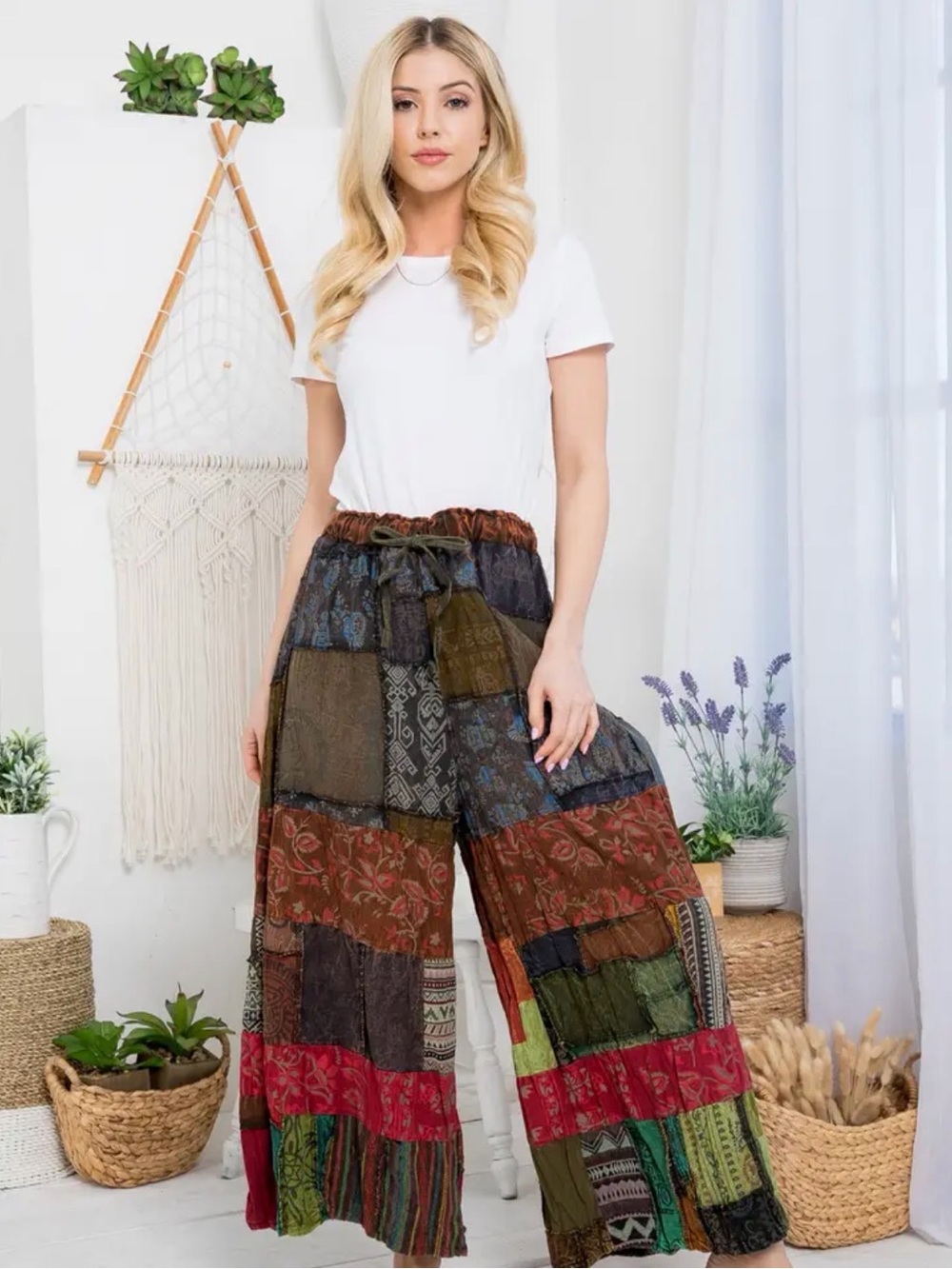 NWT-Boho Patchwork Wide-Leg Pants - Multicolor-Kathmandu Imports- Green